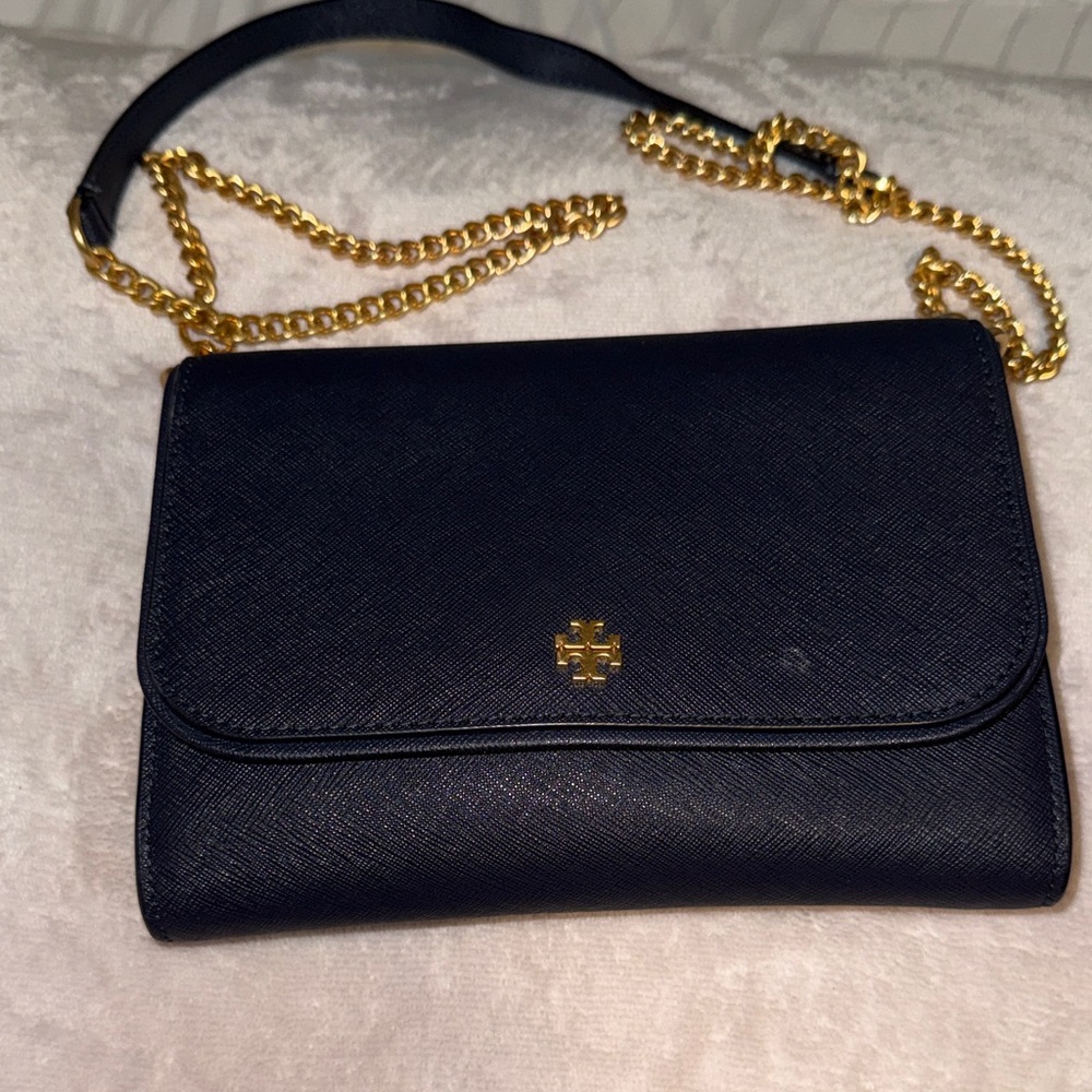 Tory Burch Emerson Small Saffiano Leather Chain Wallet Crossbody (Navy Blue)
